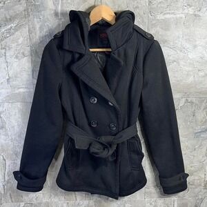 Yoki Black pea coat with hood and belt Woman's Medium #wintercoats